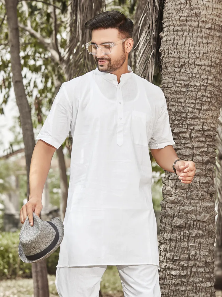 Pure Cotton Classic Slub Modi Kurta, Half Sleeves, White, Regular Fit