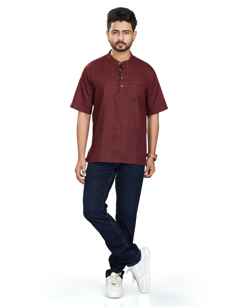 Pure Cotton Corduroy Checkered Premium Short Kurta, Half Sleeves, Maroon, Regular Fit