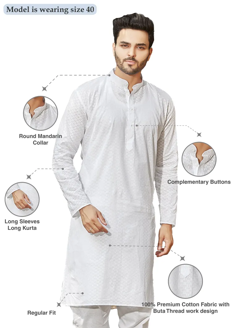 Pure Cotton Handcrafted Threadwork All Over Pattern Kurta, White, Regular Fit