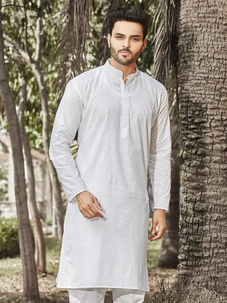 Pure Cotton Handcrafted Threadwork All Over Pattern Kurta, White, Regular Fit