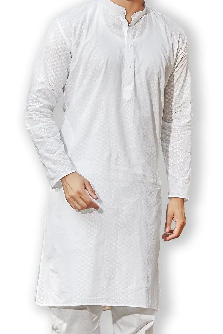 Pure Cotton Handcrafted Threadwork All Over Pattern Kurta, White, Regular Fit