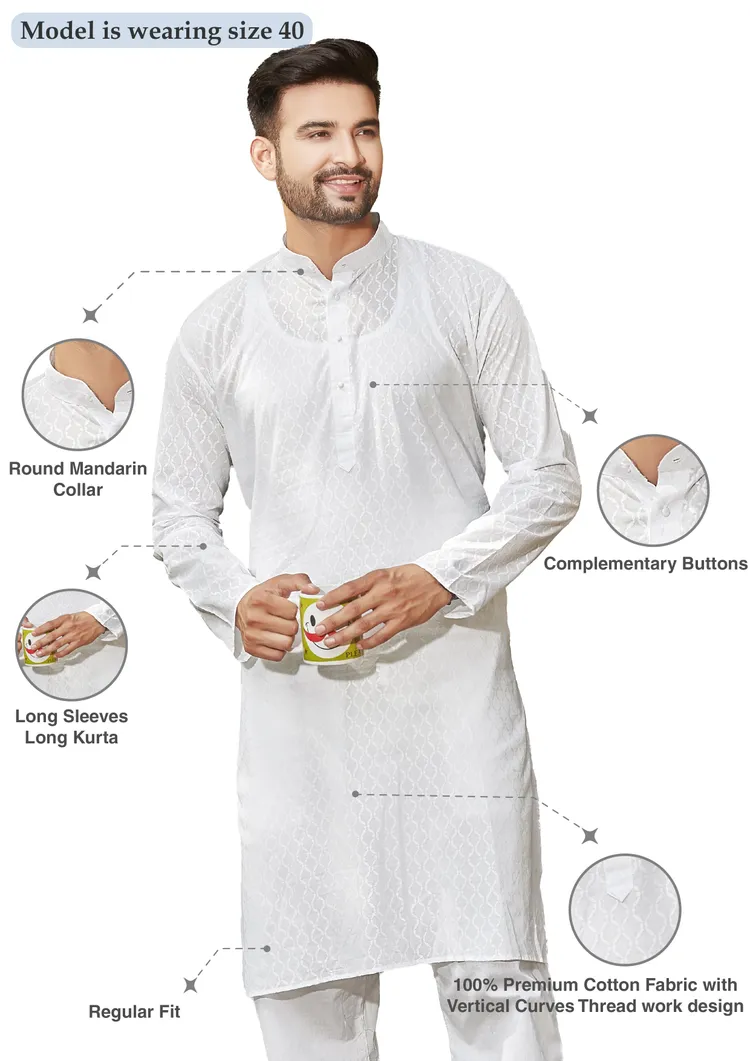 Pure Cotton Handcrafted Threadwork with Vertical Curves Kurta, White, Regular Fit