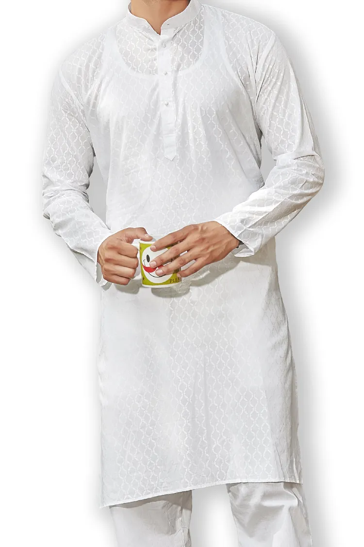 Pure Cotton Handcrafted Threadwork with Vertical Curves Kurta, White, Regular Fit