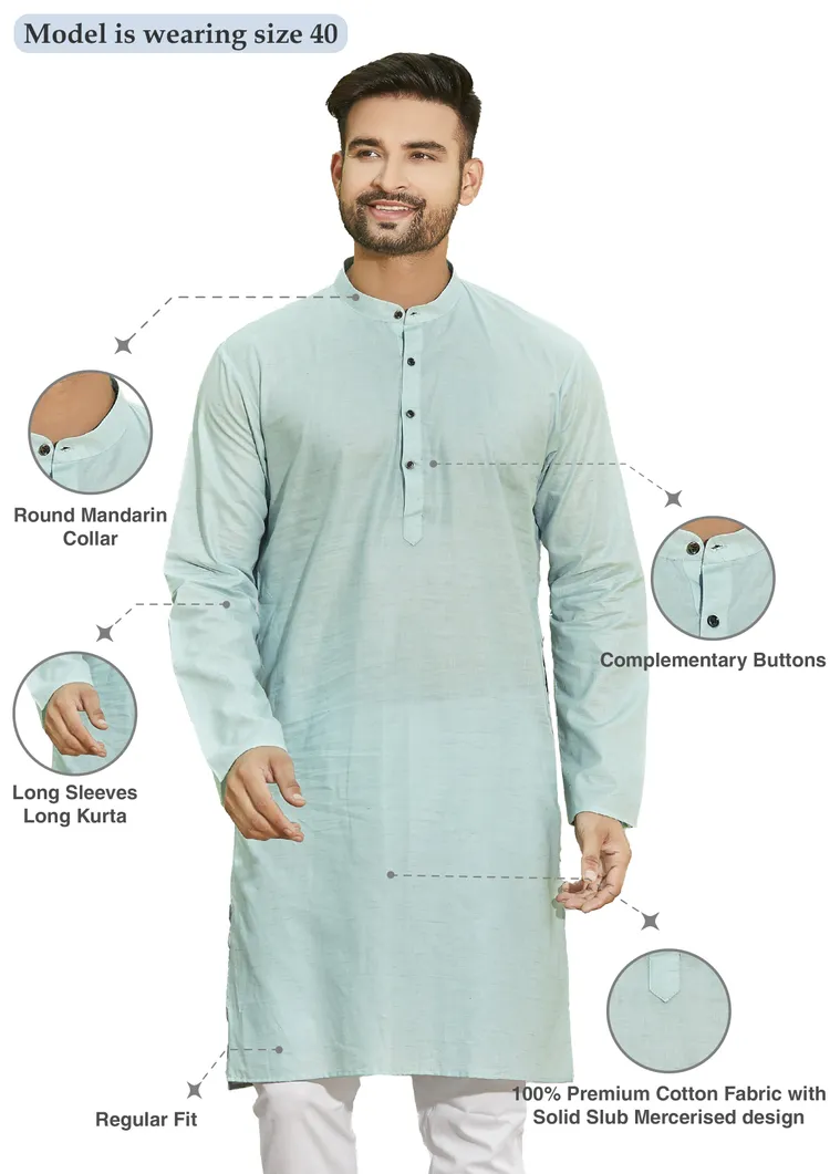 Pure Cotton Khaadi-Slub Fruity Loop Premium Kurta, Greenish Blue, Regular Fit