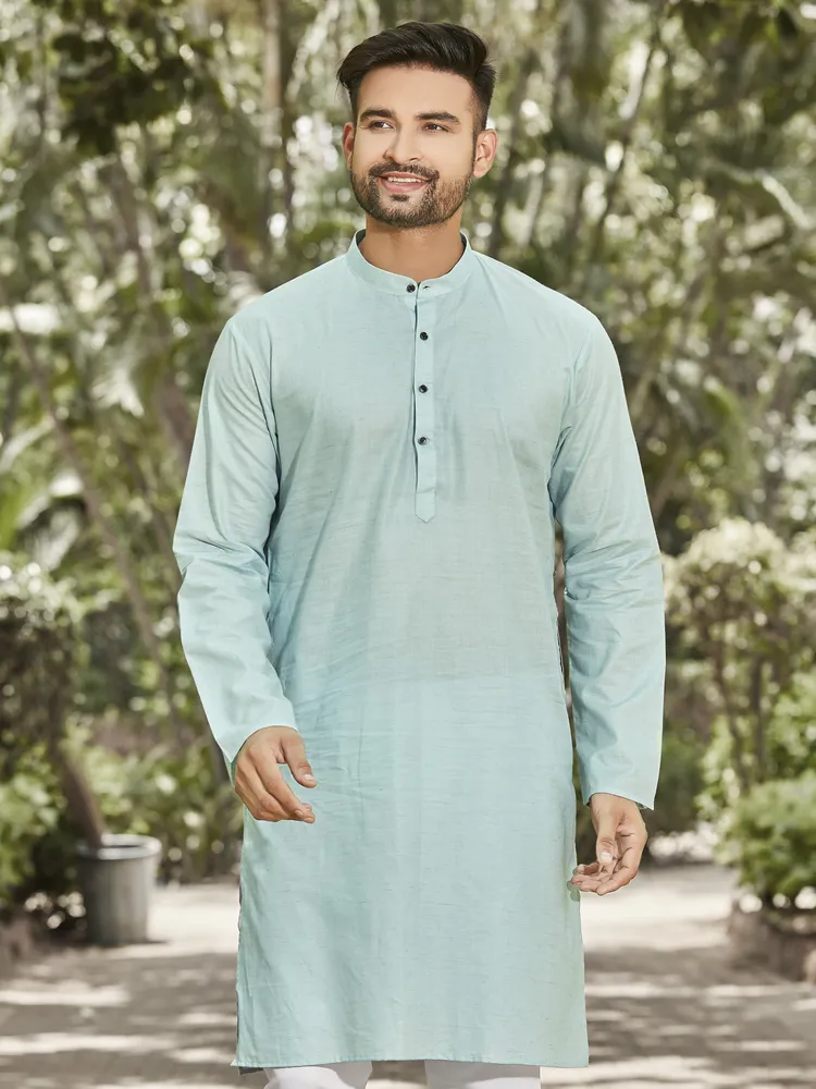 Pure Cotton Khaadi-Slub Fruity Loop Premium Kurta, Greenish Blue, Regular Fit