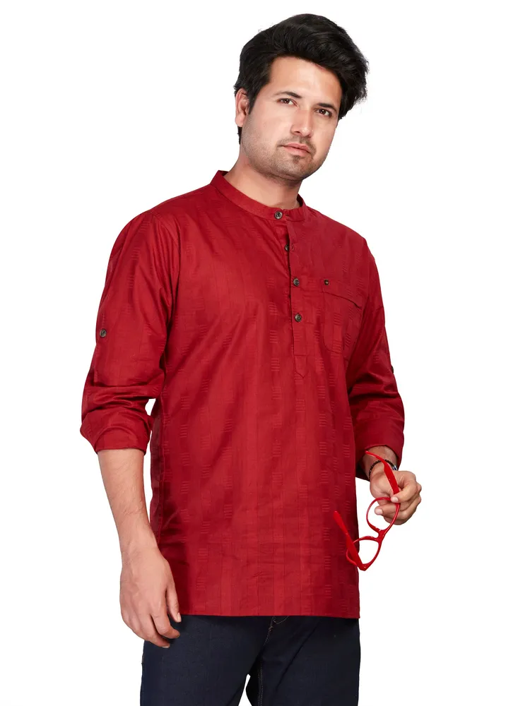 Pure Cotton Nexon Self Striped Premium Short Kurta, Maroon, Regular Fit