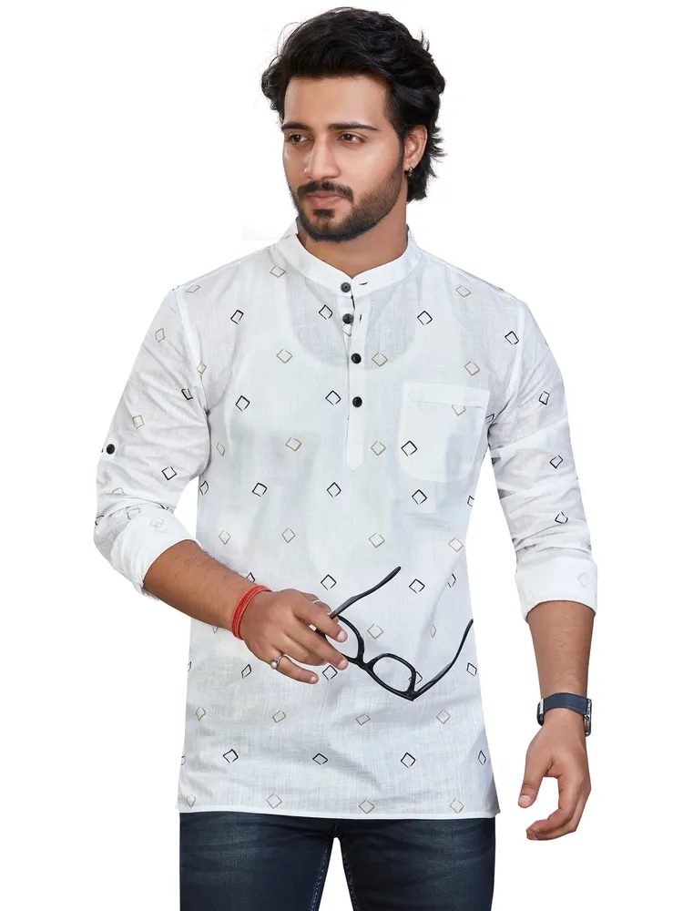 Pure Cotton Premium Diamond Print Short Kurta, White Golden, Regular Fit