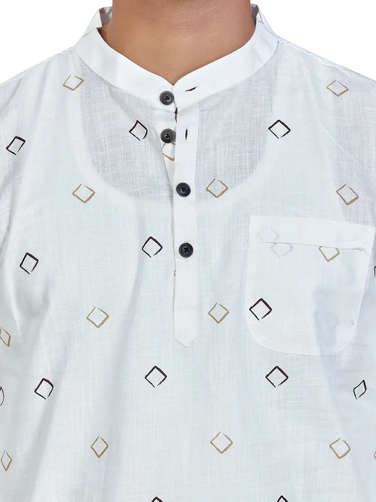 Pure Cotton Premium Diamond Print Short Kurta, White Golden, Regular Fit