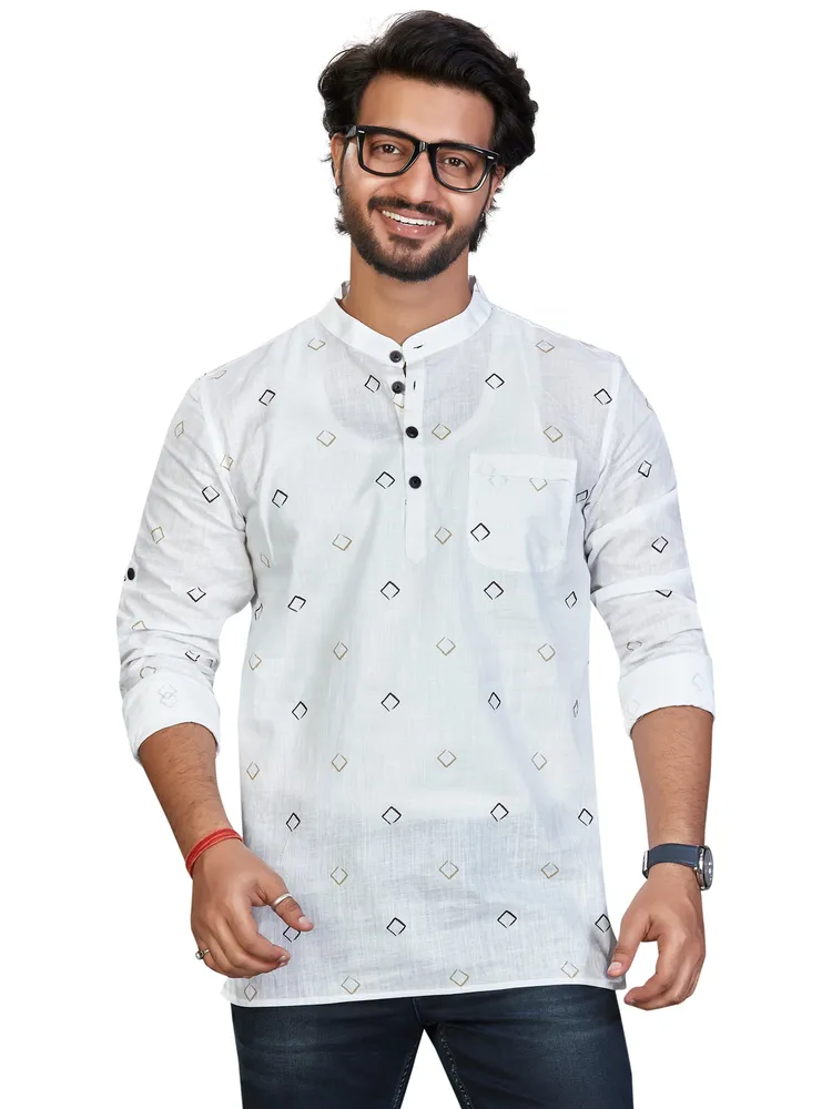 Pure Cotton Premium Diamond Print Short Kurta, White Golden, Regular Fit
