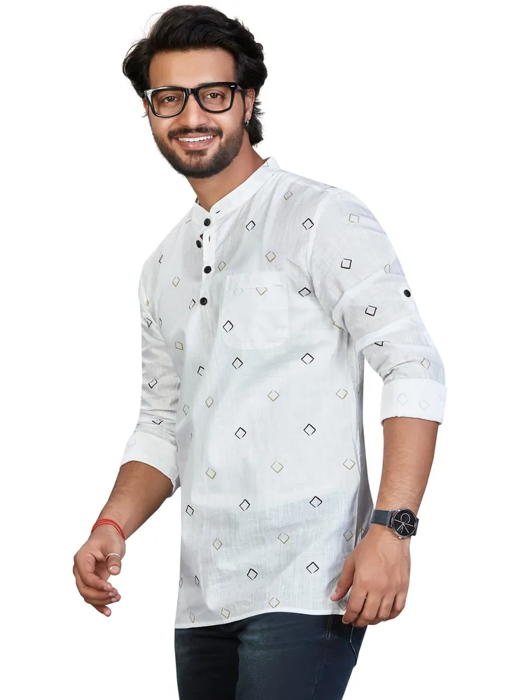 Pure Cotton Premium Diamond Print Short Kurta, White Golden, Regular Fit