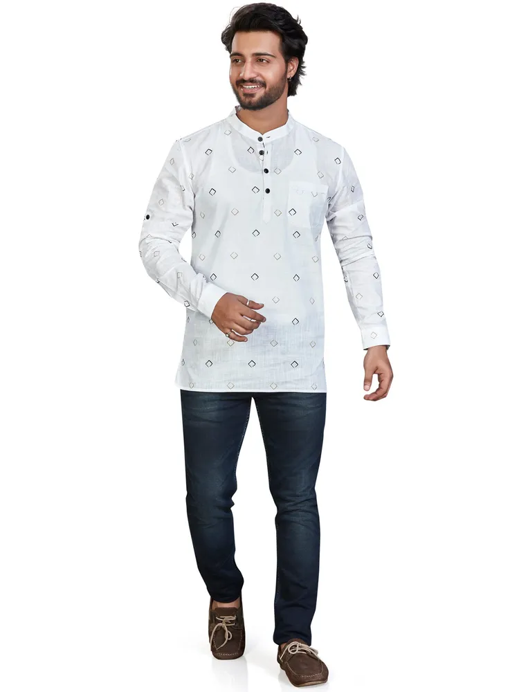 Pure Cotton Premium Diamond Print Short Kurta, White Golden, Regular Fit