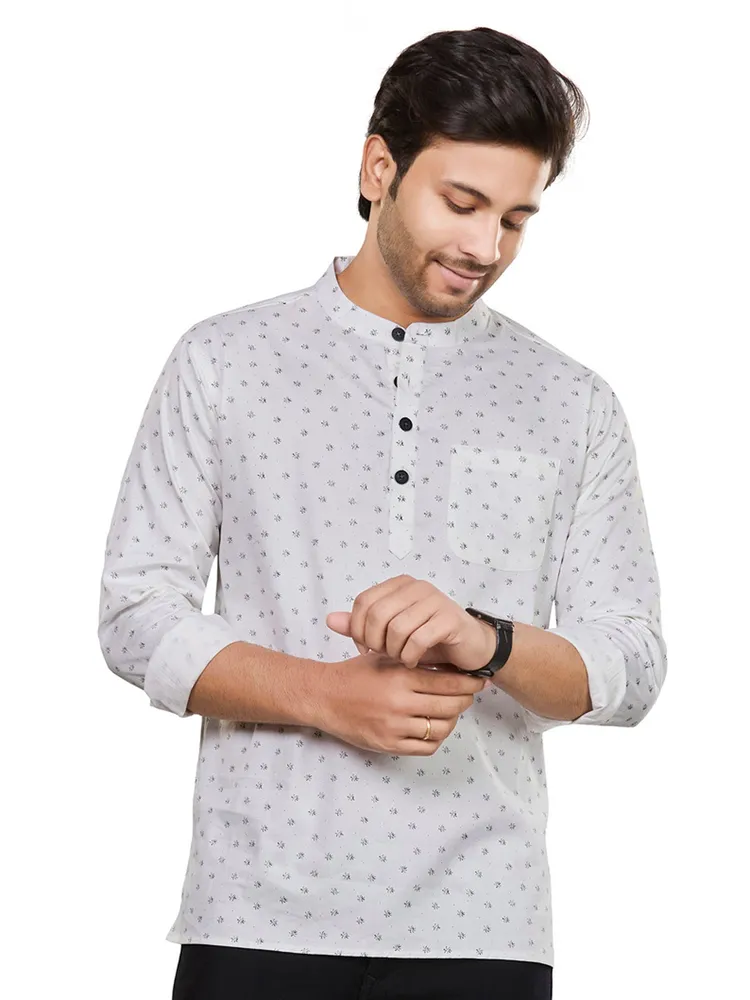 Pure Cotton Premium Floral Print Short Kurta, White Green, Regular Fit