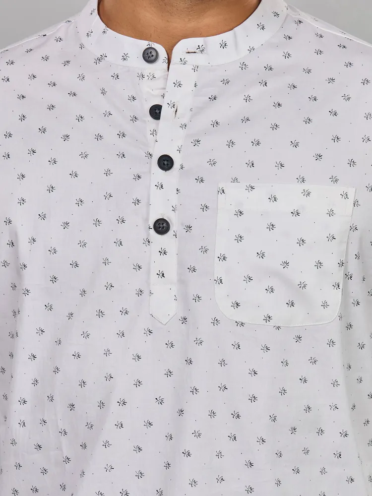 Pure Cotton Premium Floral Print Short Kurta, White Green, Regular Fit