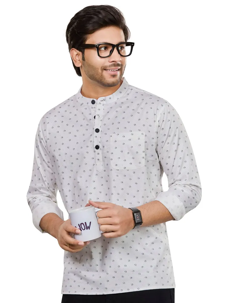 Pure Cotton Premium Floral Print Short Kurta, White Green, Regular Fit