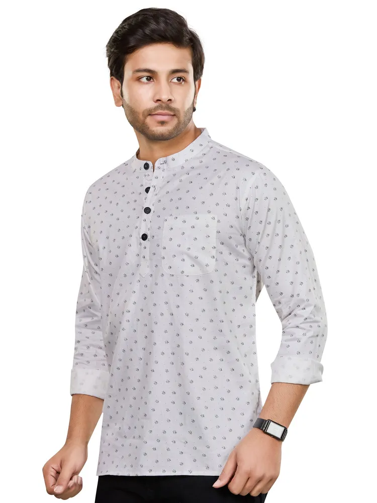 Pure Cotton Premium Floral Print Short Kurta, White Green, Regular Fit