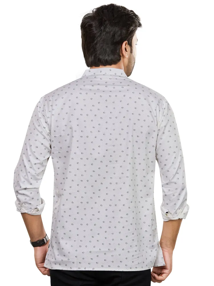 Pure Cotton Premium Floral Print Short Kurta, White Green, Regular Fit