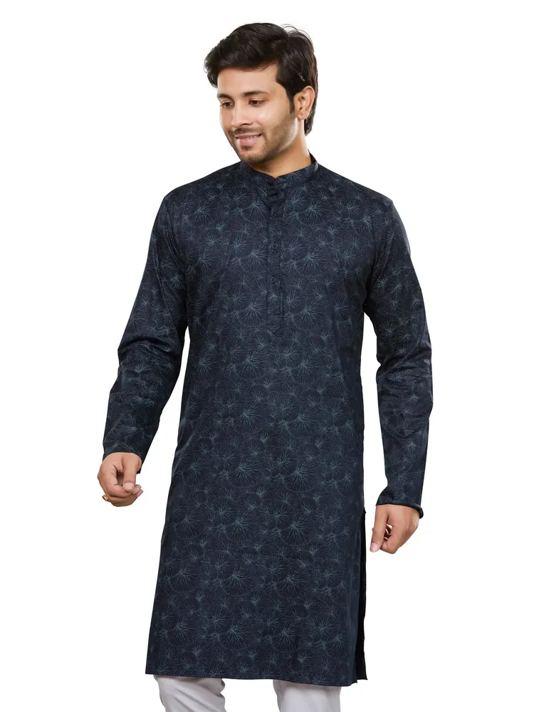 Pure Cotton Premium Giza Aqua Marine Print Kurta, Ocean Blue, Regular Fit