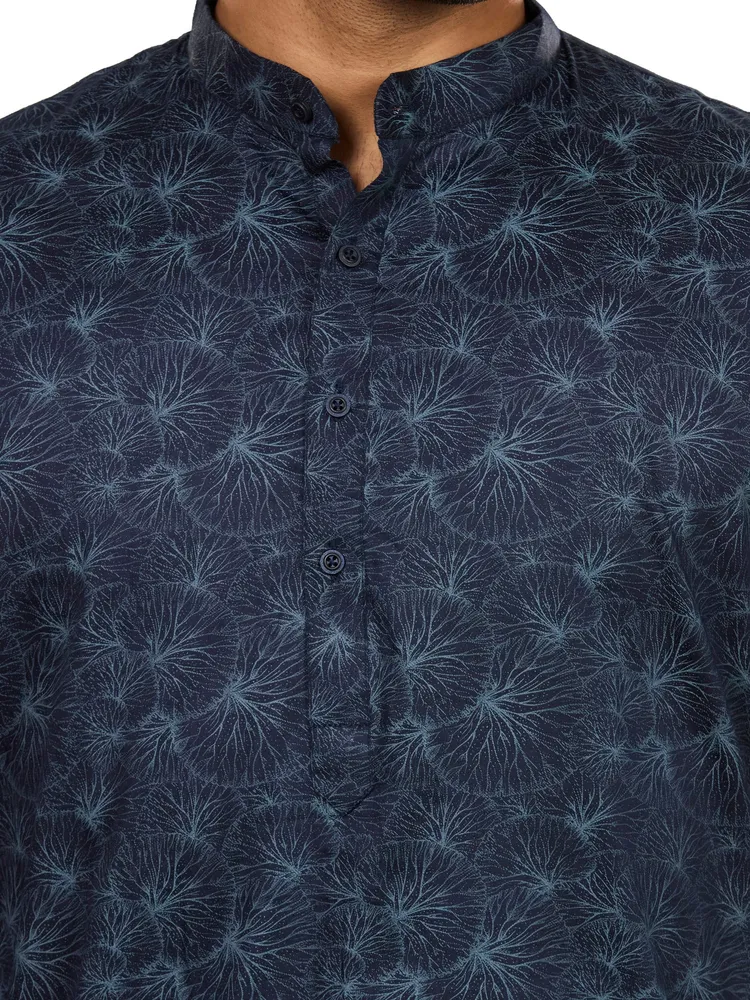 Pure Cotton Premium Giza Aqua Marine Print Kurta, Ocean Blue, Regular Fit