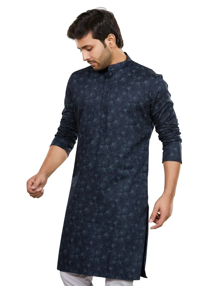 Pure Cotton Premium Giza Aqua Marine Print Kurta, Ocean Blue, Regular Fit