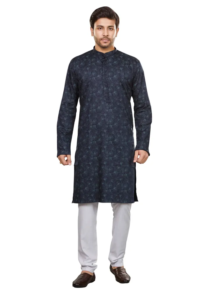 Pure Cotton Premium Giza Aqua Marine Print Kurta, Ocean Blue, Regular Fit