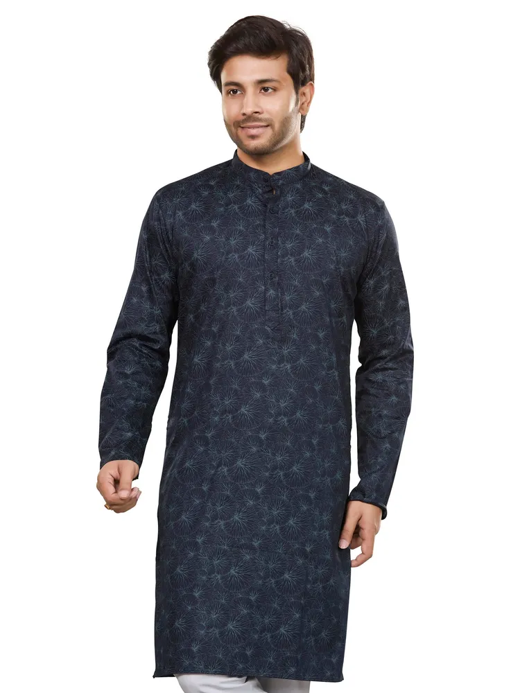Pure Cotton Premium Giza Aqua Marine Print Kurta, Ocean Blue, Regular Fit