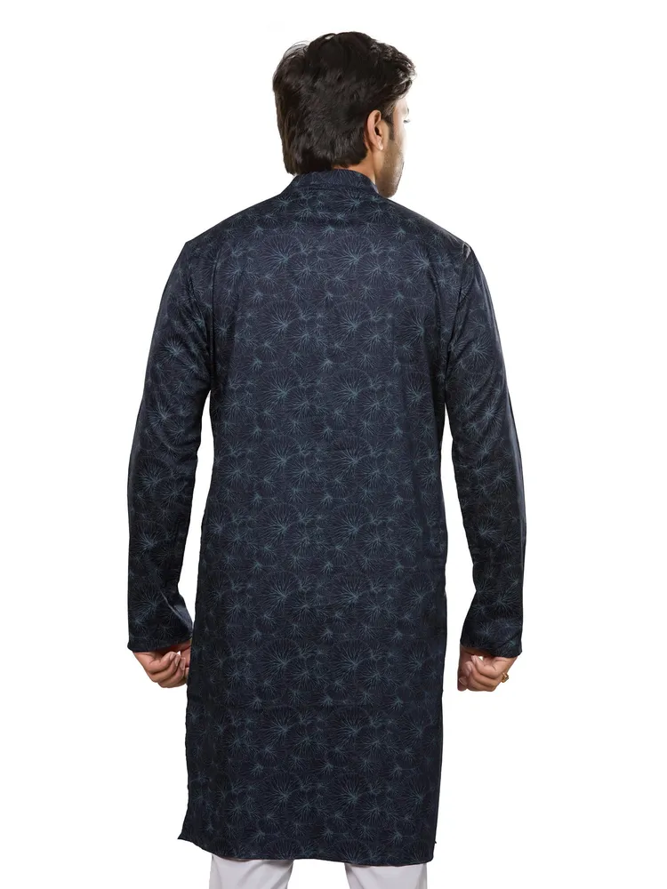 Pure Cotton Premium Giza Aqua Marine Print Kurta, Ocean Blue, Regular Fit