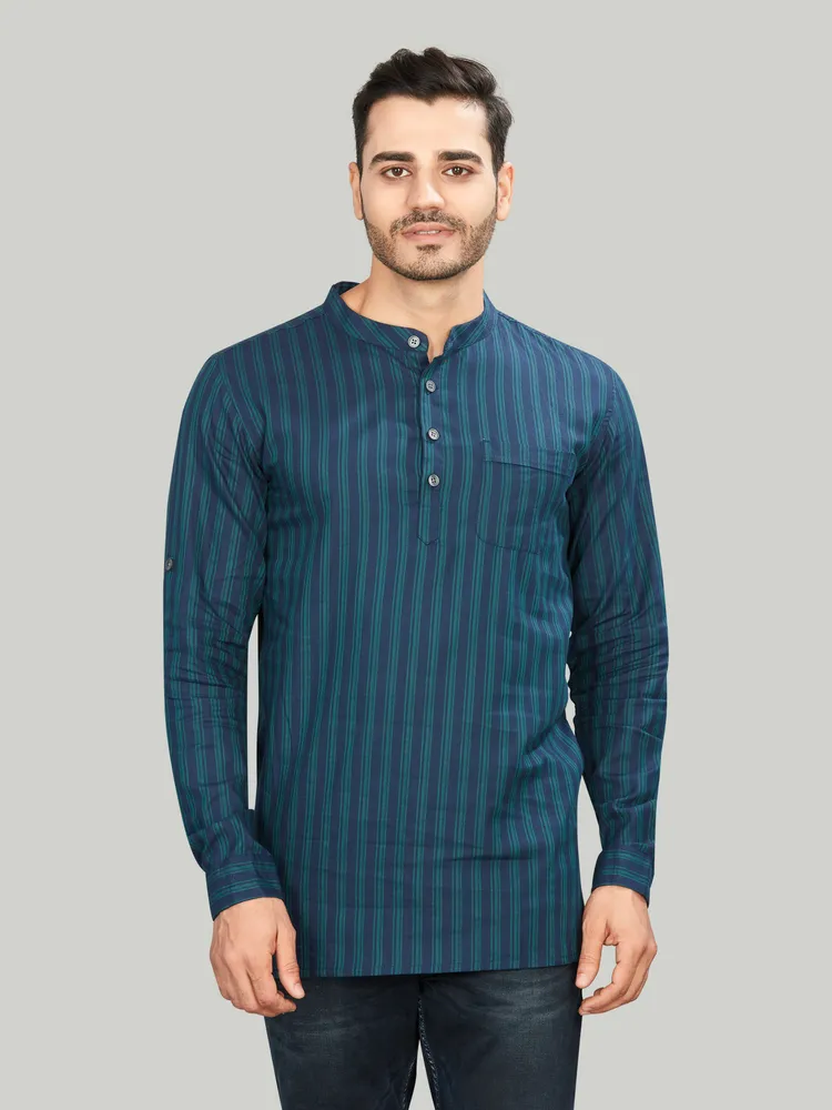 Pure Cotton Premium Striped Short Kurta, Blue Green, Regular Fit