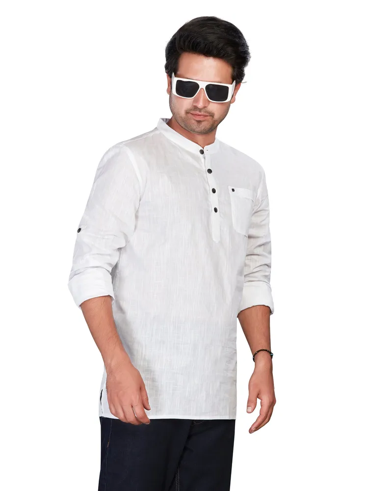Pure Cotton Slub weave Sunrise Short Kurta, White, Regular Fit