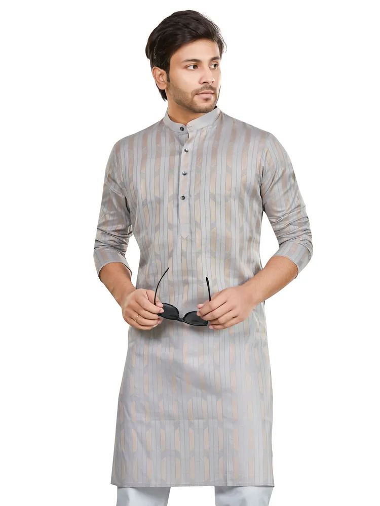 Pure Lawn Cotton Striped Golden Threadwork Premium Kurta, Silver Grey, Regular Fit