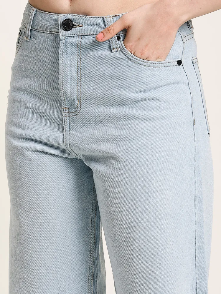 Woman Light Blue Relaxed-Fit Knee Distressed Jeans