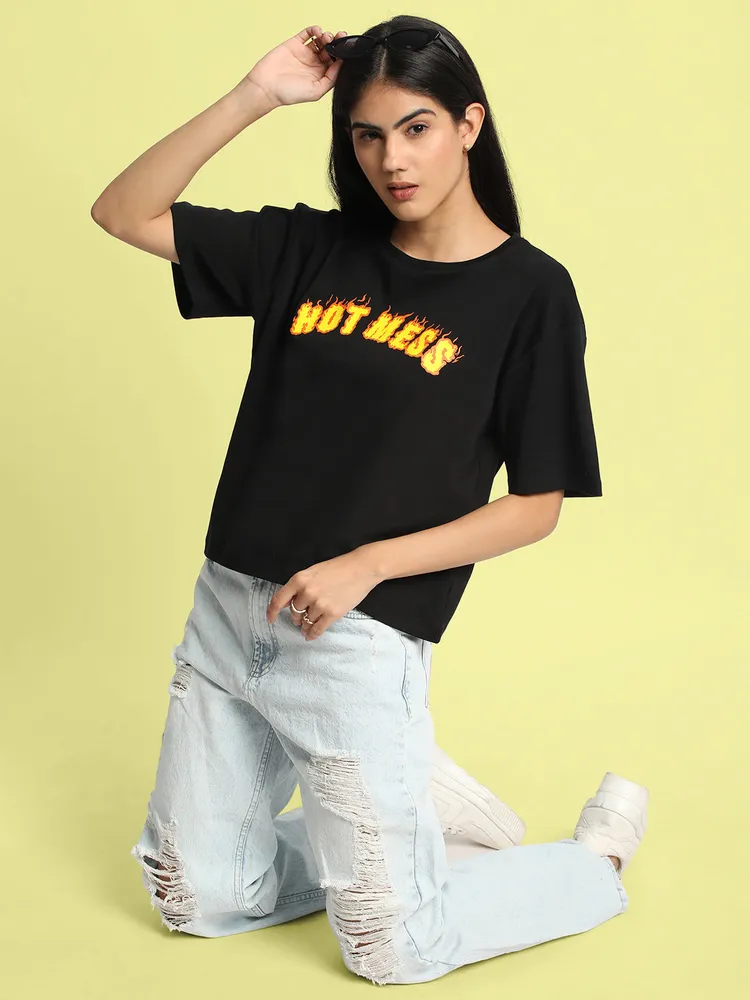 Woman Typography Printed Drop-Shoulder Sleeves Pure Cotton Oversized T-shirt