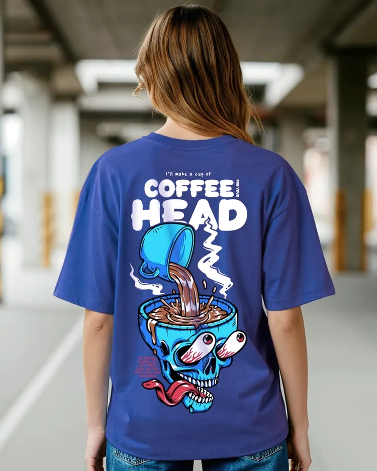 Bewakoof Women's Blue Coffee Head Graphic Printed Oversized T-shirt