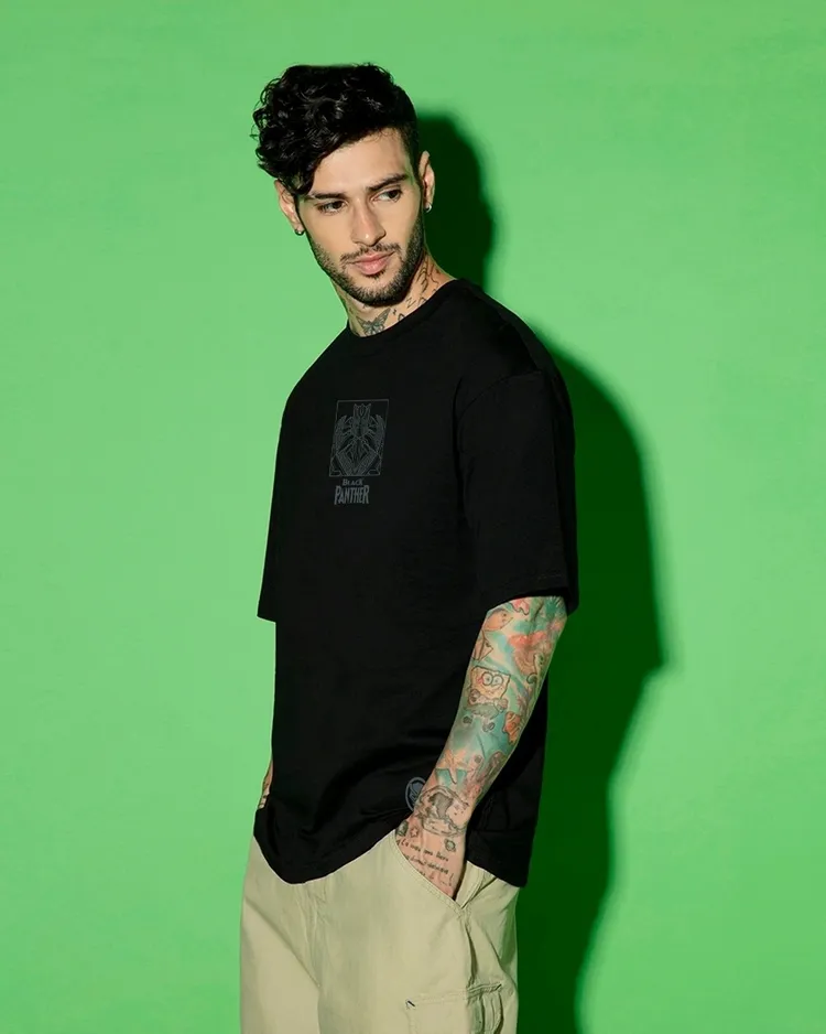 Bewakoof Official Marvel Merchandise Men's Black Panther Mech Graphic Printed Oversized T-shirt