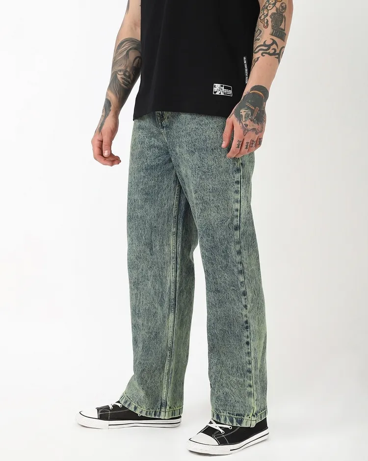 Bewakoof Men's Bluish Green Washed Straight Fit Mid-Rise Jeans