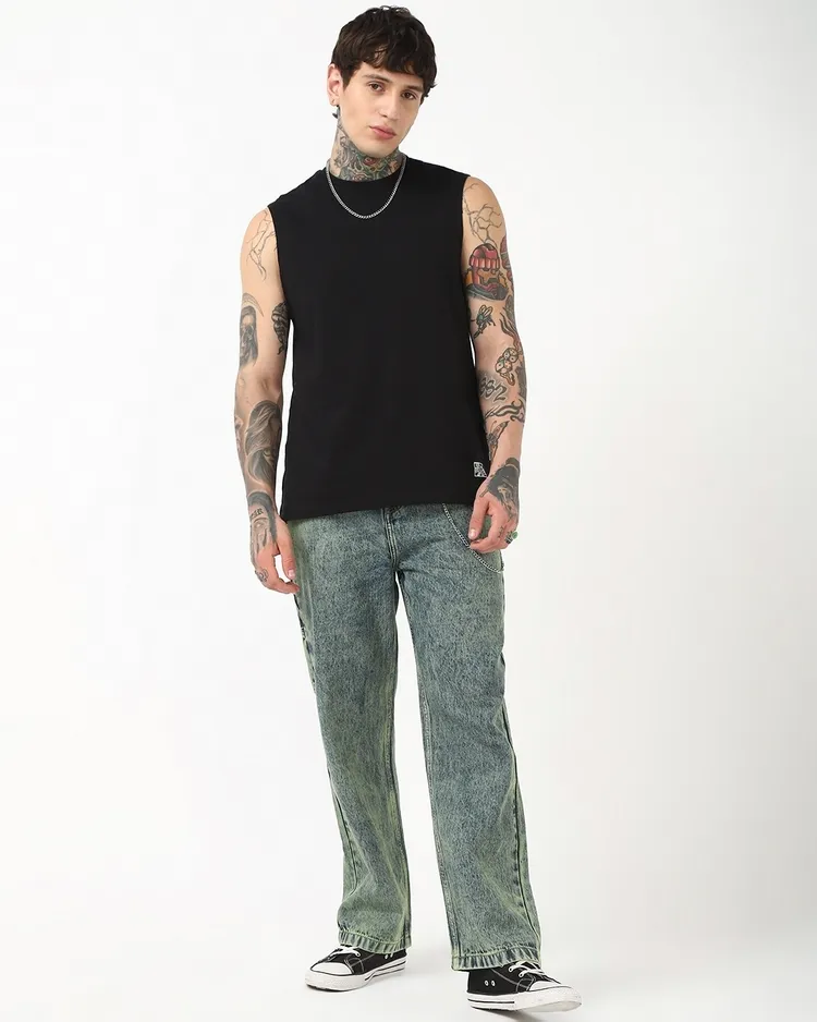 Bewakoof Men's Bluish Green Washed Straight Fit Mid-Rise Jeans