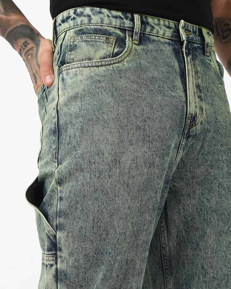 Bewakoof Men's Bluish Green Washed Straight Fit Mid-Rise Jeans