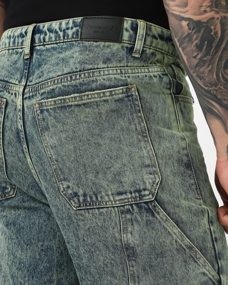 Bewakoof Men's Bluish Green Washed Straight Fit Mid-Rise Jeans