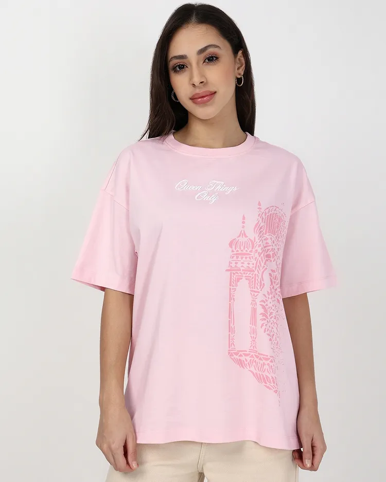 Bewakoof Women's Pink Main Character Energy Graphic Printed Oversized T-shirt