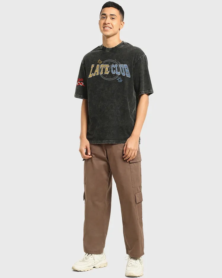Bewakoof Men's Black Late Club Graphic Printed Oversized Acid Wash T-shirt