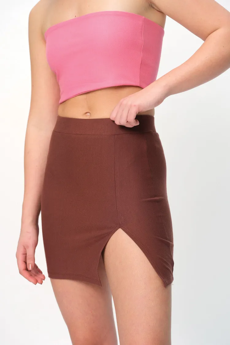 Mocha Solid A-Line Slit Skirt