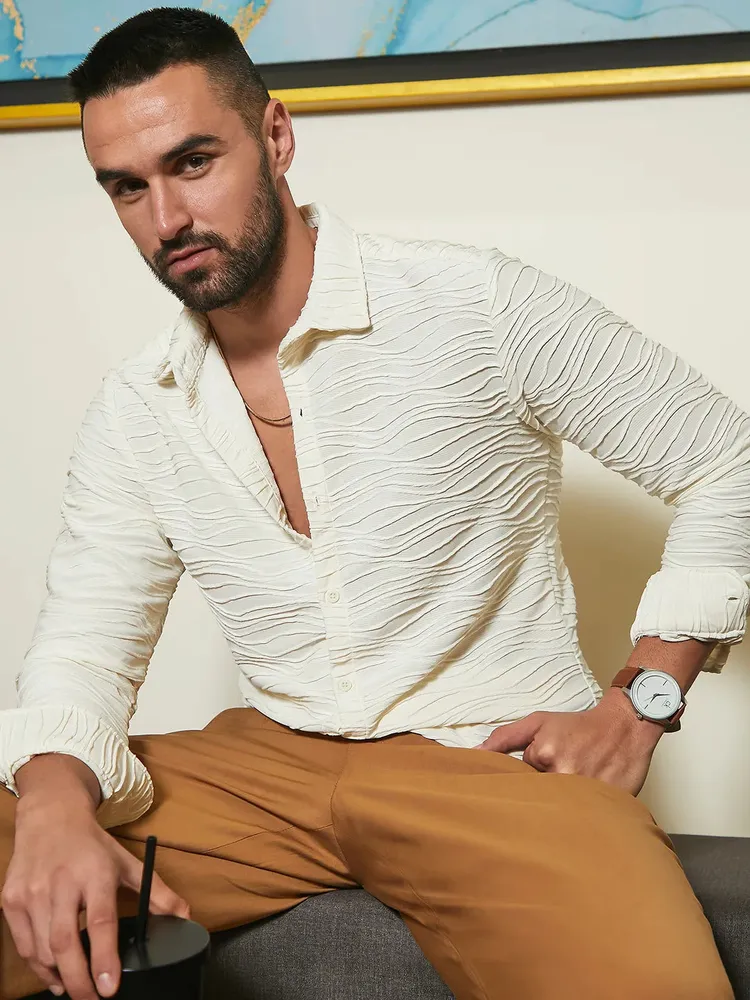 Men's Ivory White Self-Design Wave Shirt