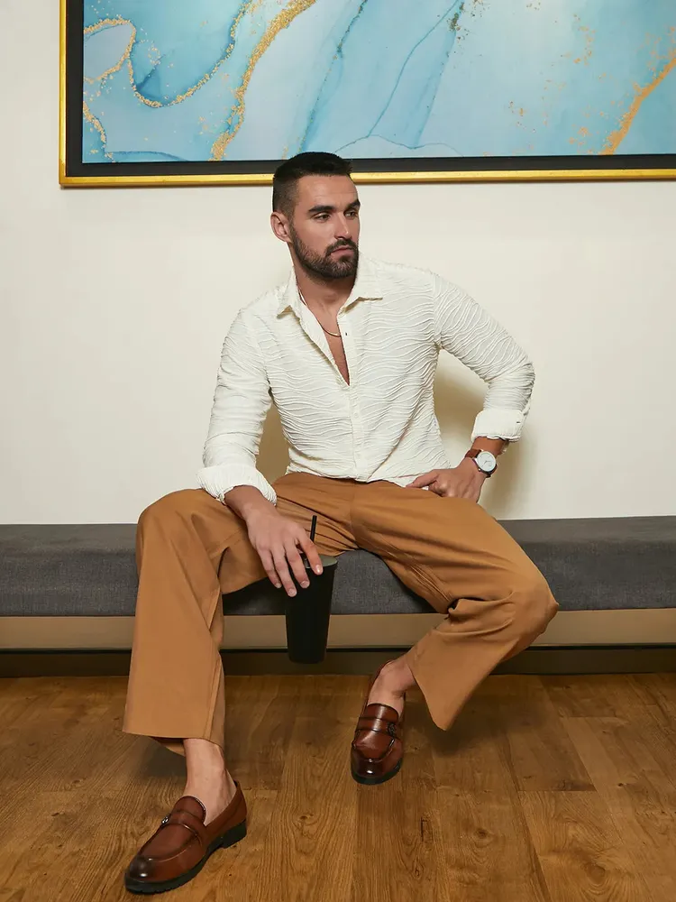 Men's Ivory White Self-Design Wave Shirt