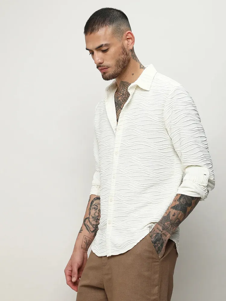 Men's Ivory White Self-Design Wave Shirt