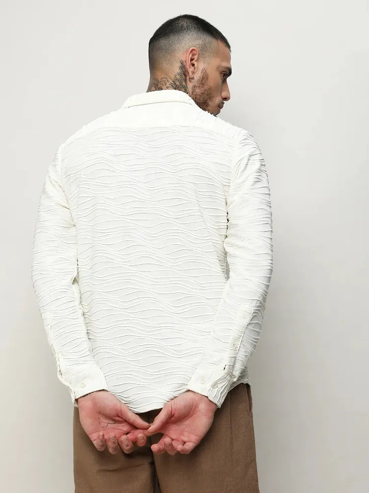 Men's Ivory White Self-Design Wave Shirt
