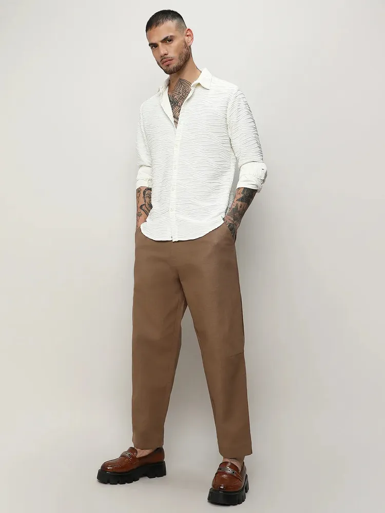 Men's Ivory White Self-Design Wave Shirt