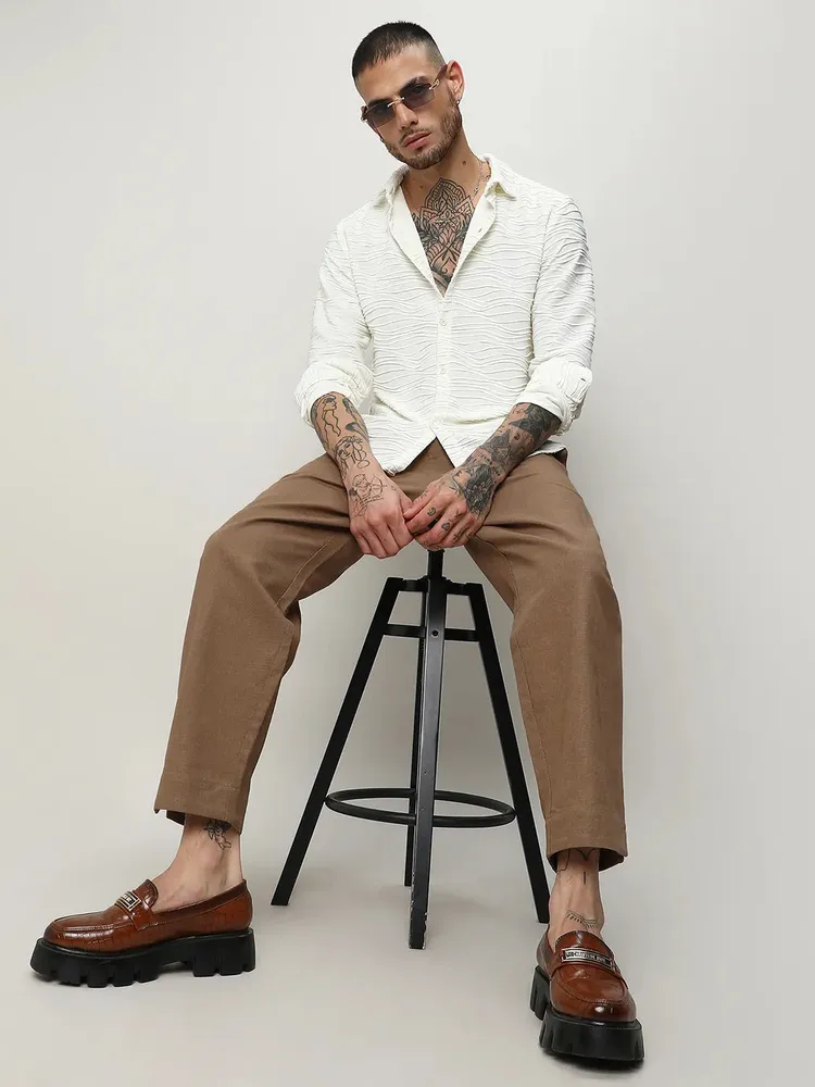 Men's Ivory White Self-Design Wave Shirt