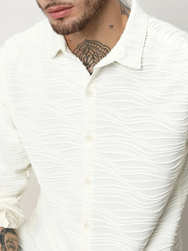 Men's Ivory White Self-Design Wave Shirt