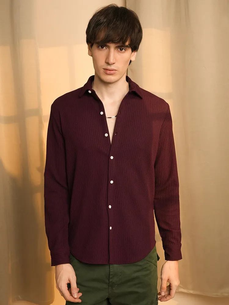Men's Maroon Red Stripe-Creased Shirt