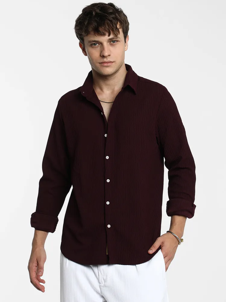 Men's Maroon Red Stripe-Creased Shirt