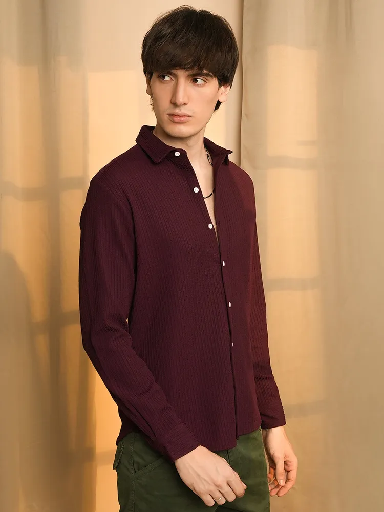 Men's Maroon Red Stripe-Creased Shirt